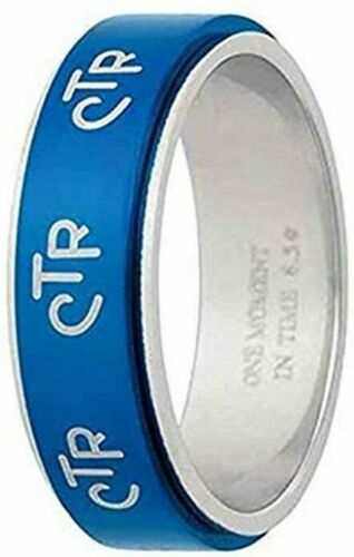 J38C Mormon LDS Unisex CTR Ring Cobalt Blue Spinner Size 6-13 One Moment In Time